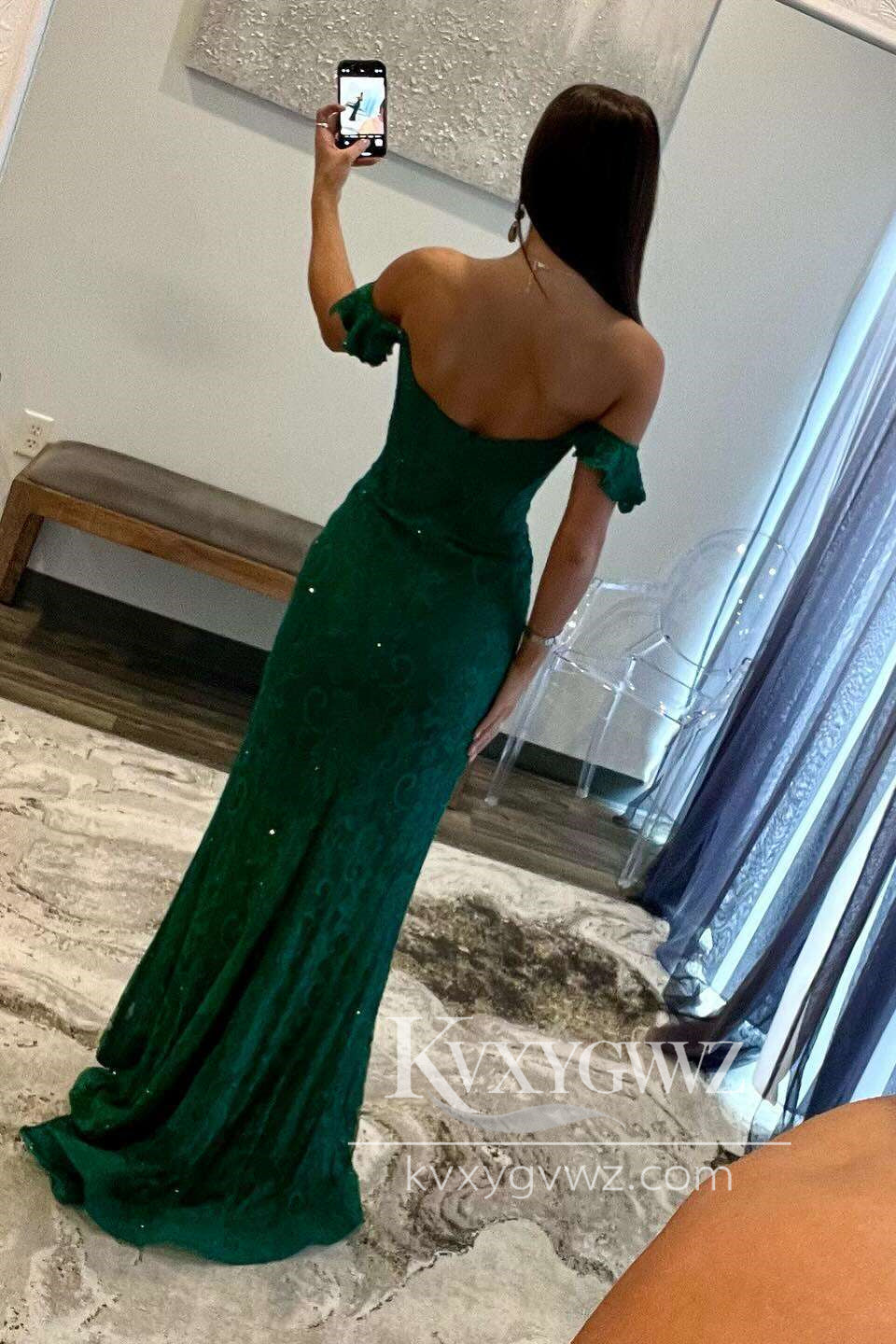 Sophisticated Dark Green Mermaid Off-the-Shoulder Lace Long Prom Dress Gown LF1501