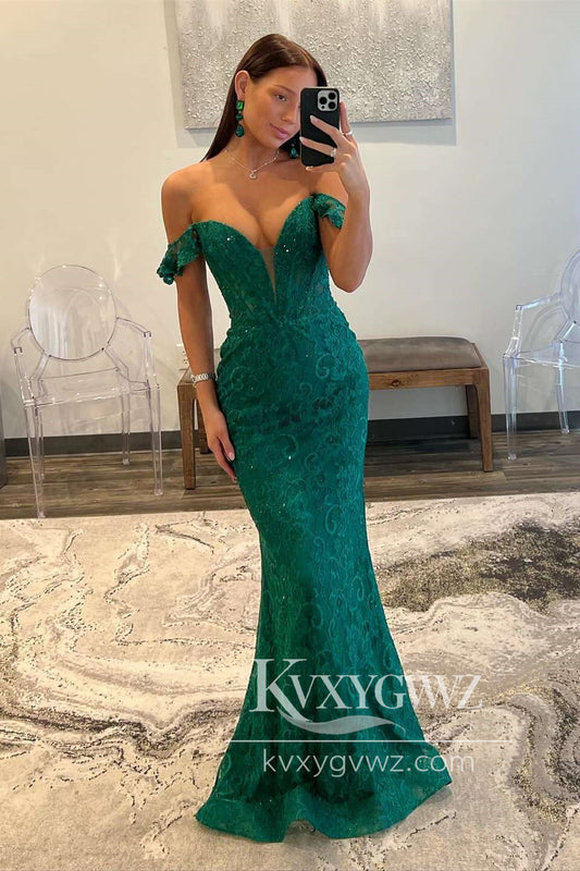 Sophisticated Dark Green Mermaid Off-the-Shoulder Lace Long Prom Dress Gown LF1501