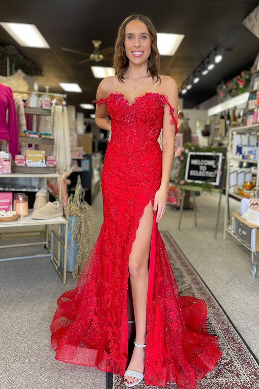 Glamorous Mermaid Sweetheart Red Lace Slit Prom Dress Gown with Appliques