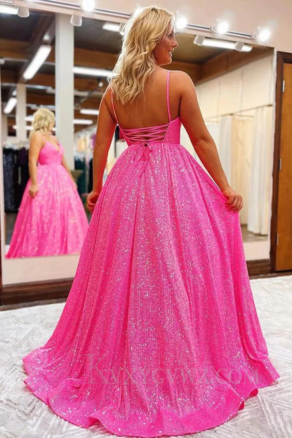 Sparkly Fuchsia Sequins A-Line Spaghetti Strap Long Prom Dress LF153