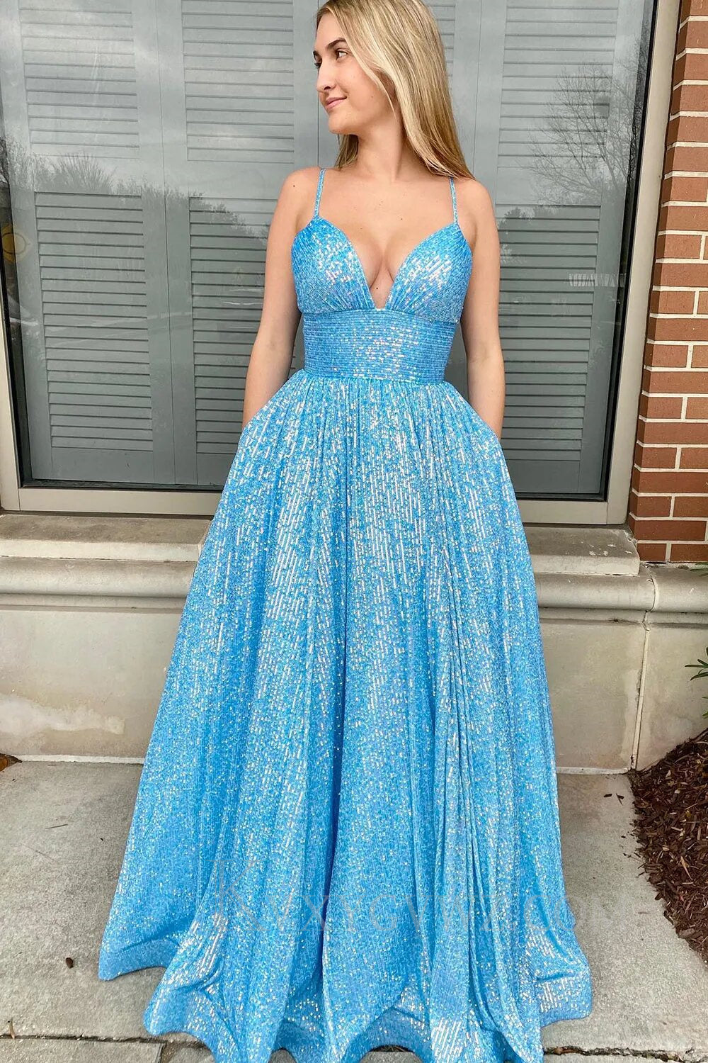 Sparkly Fuchsia Sequins A-Line Spaghetti Strap Long Prom Dress LF153