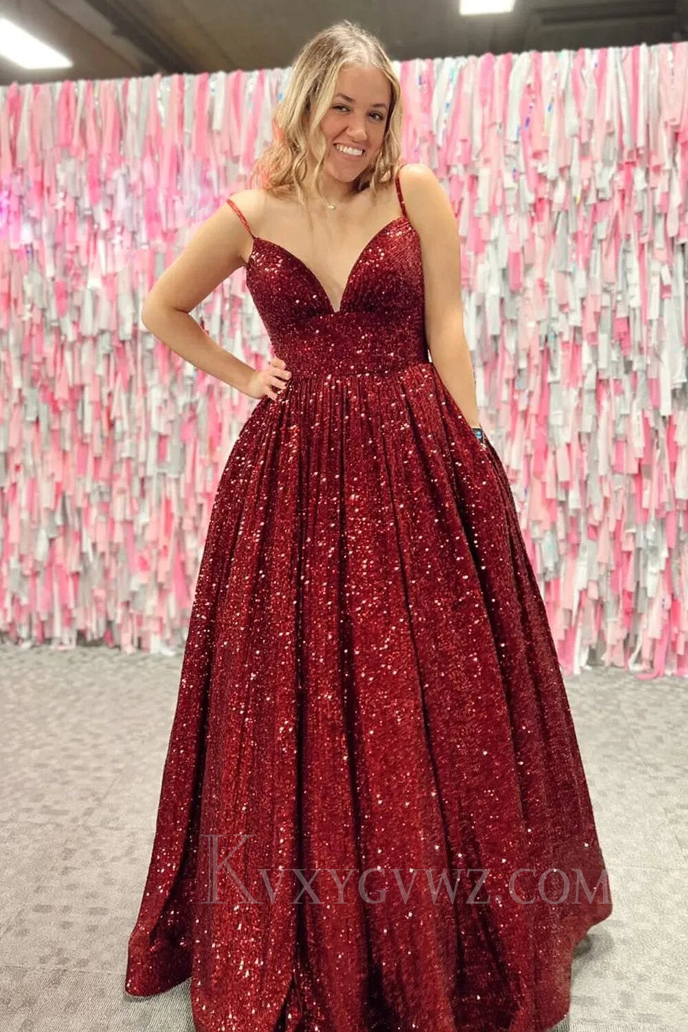 Sparkly Fuchsia Sequins A-Line Spaghetti Strap Long Prom Dress LF153