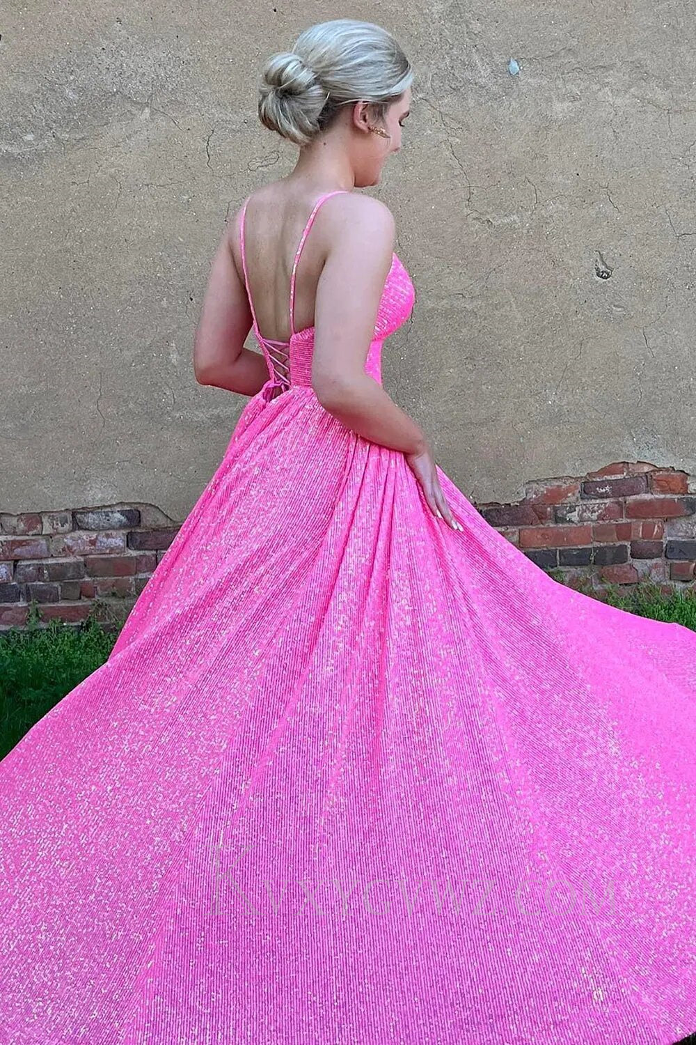 Sparkly Fuchsia Sequins A-Line Spaghetti Strap Long Prom Dress LF153