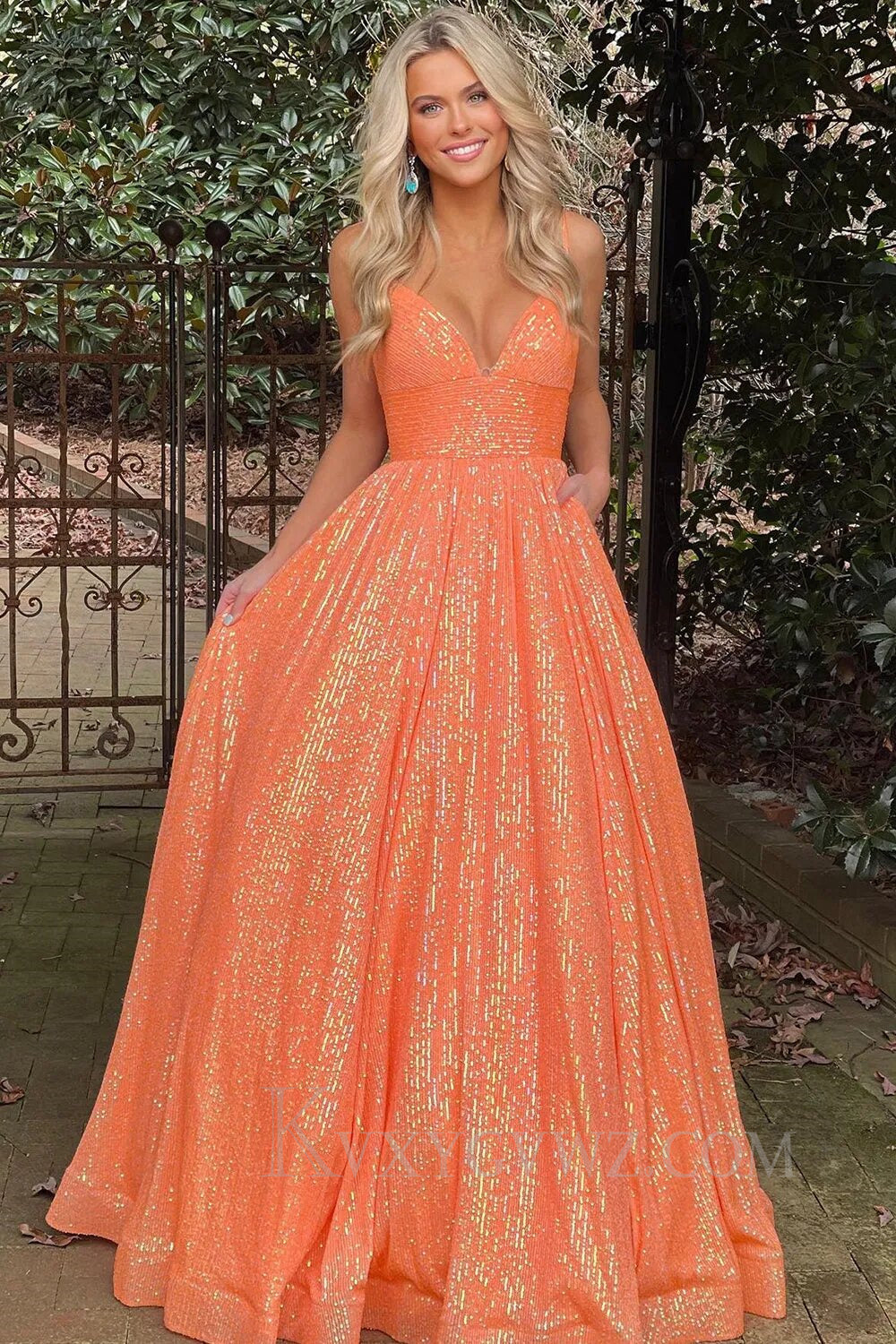 Sparkly Fuchsia Sequins A-Line Spaghetti Strap Long Prom Dress LF153