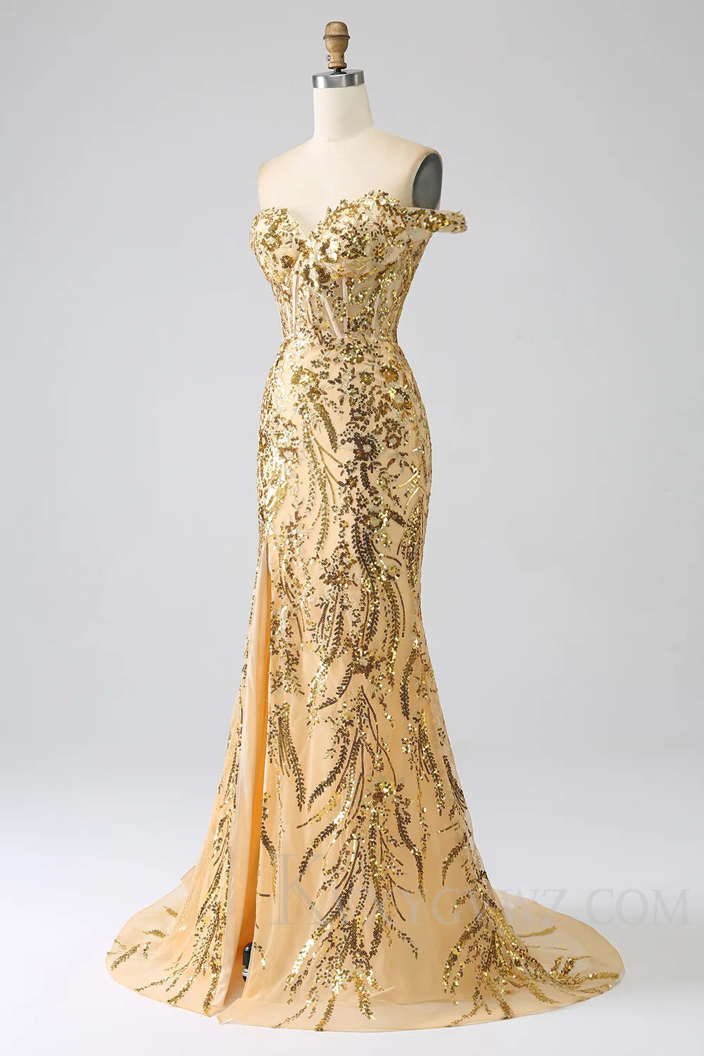 Sparkly Mermaid Golden Long Sequins Prom Dress With Slit LF155