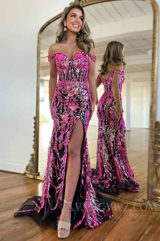 Sparkly Mermaid Golden Long Sequins Prom Dress With Slit LF155