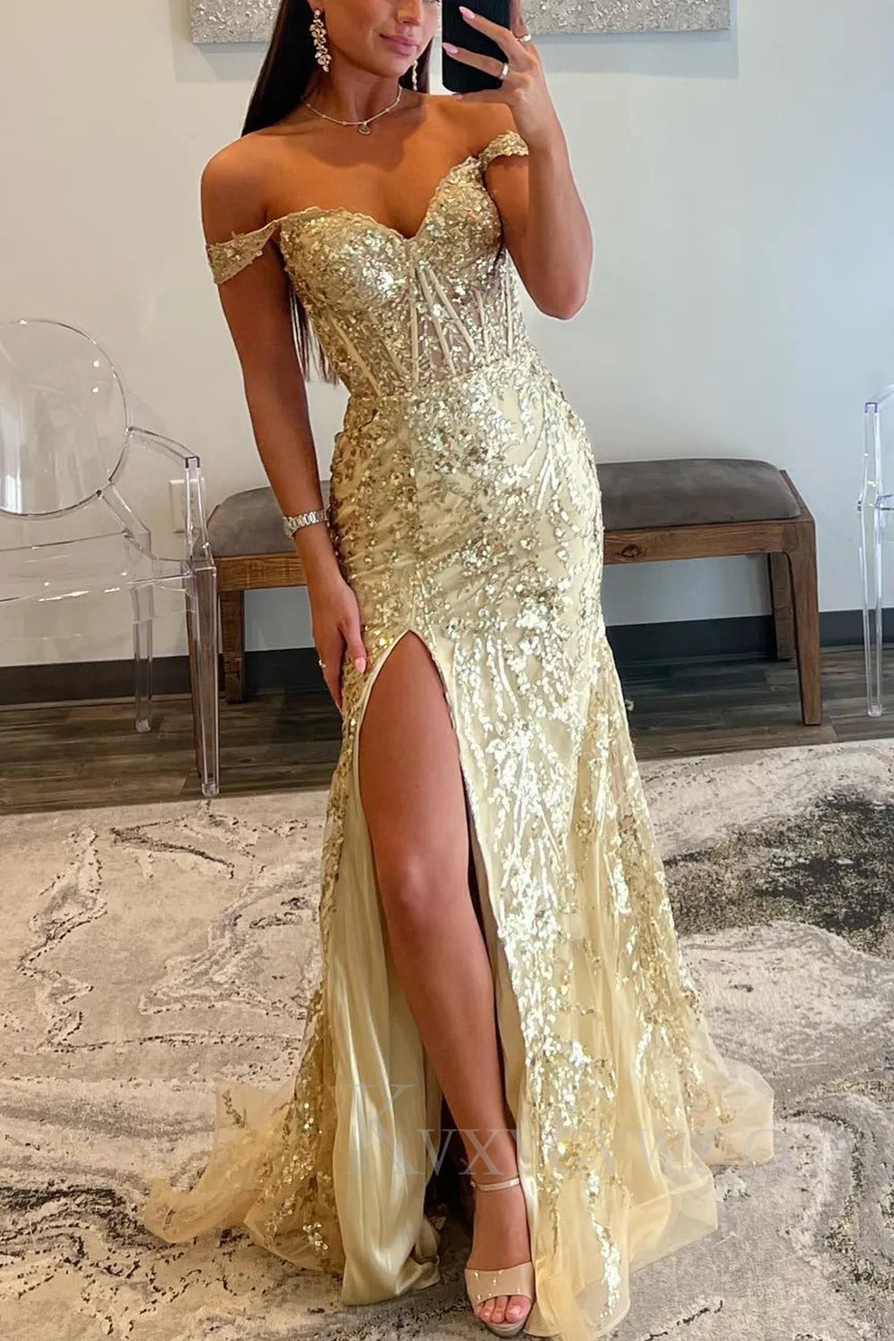 Sparkly Mermaid Golden Long Sequins Prom Dress With Slit LF155