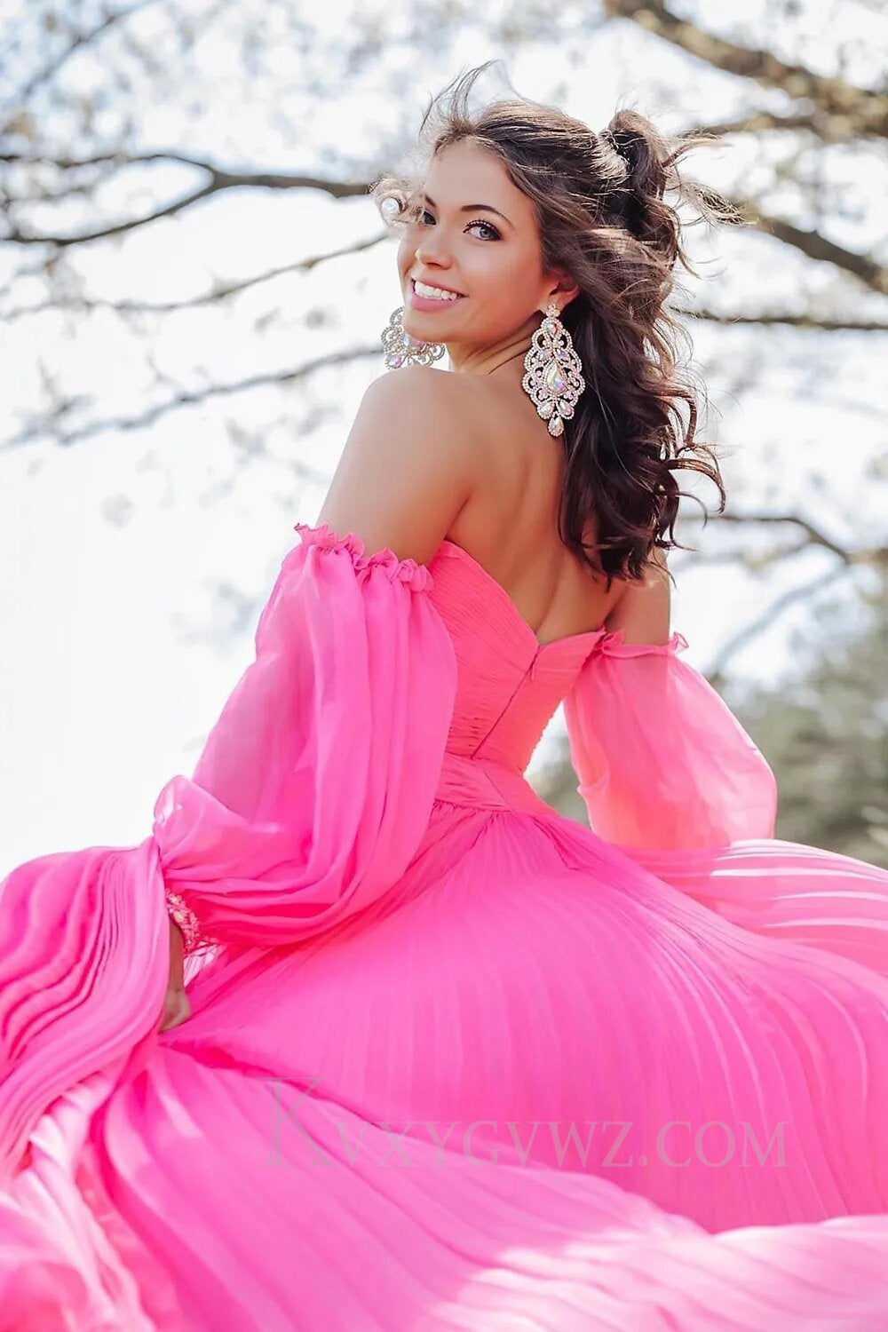 Blue Detachable Sleeves Cut-Out Long Prom Dress with Beading LF156