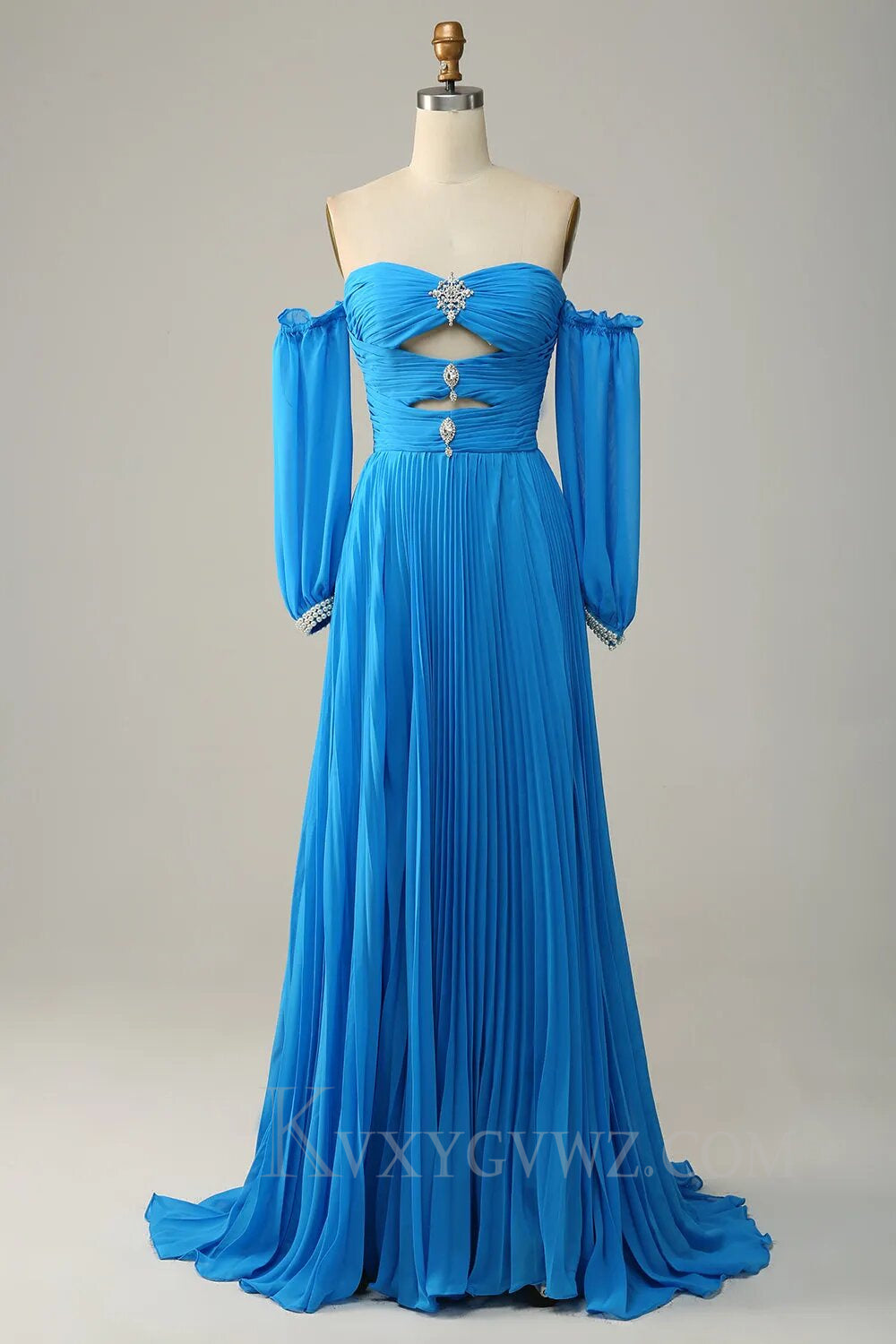Blue Detachable Sleeves Cut-Out Long Prom Dress with Beading LF156