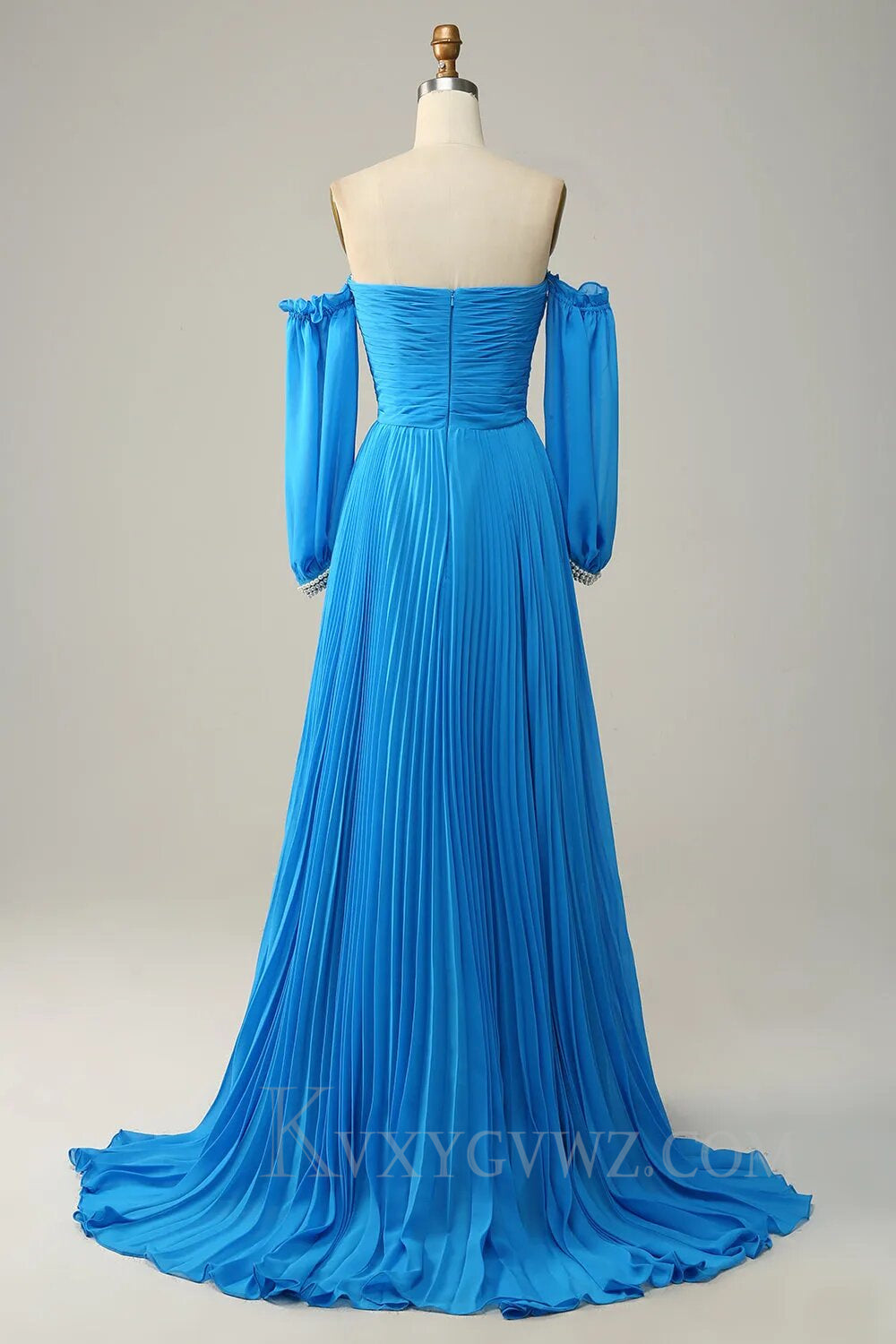 Blue Detachable Sleeves Cut-Out Long Prom Dress with Beading LF156