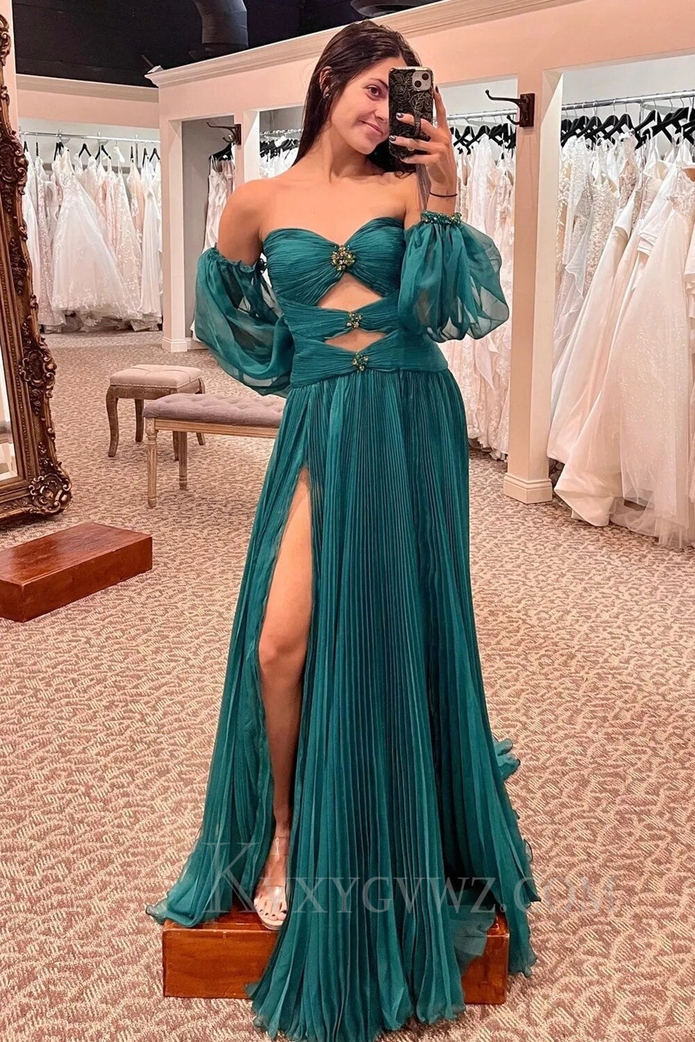 Blue Detachable Sleeves Cut-Out Long Prom Dress with Beading LF156