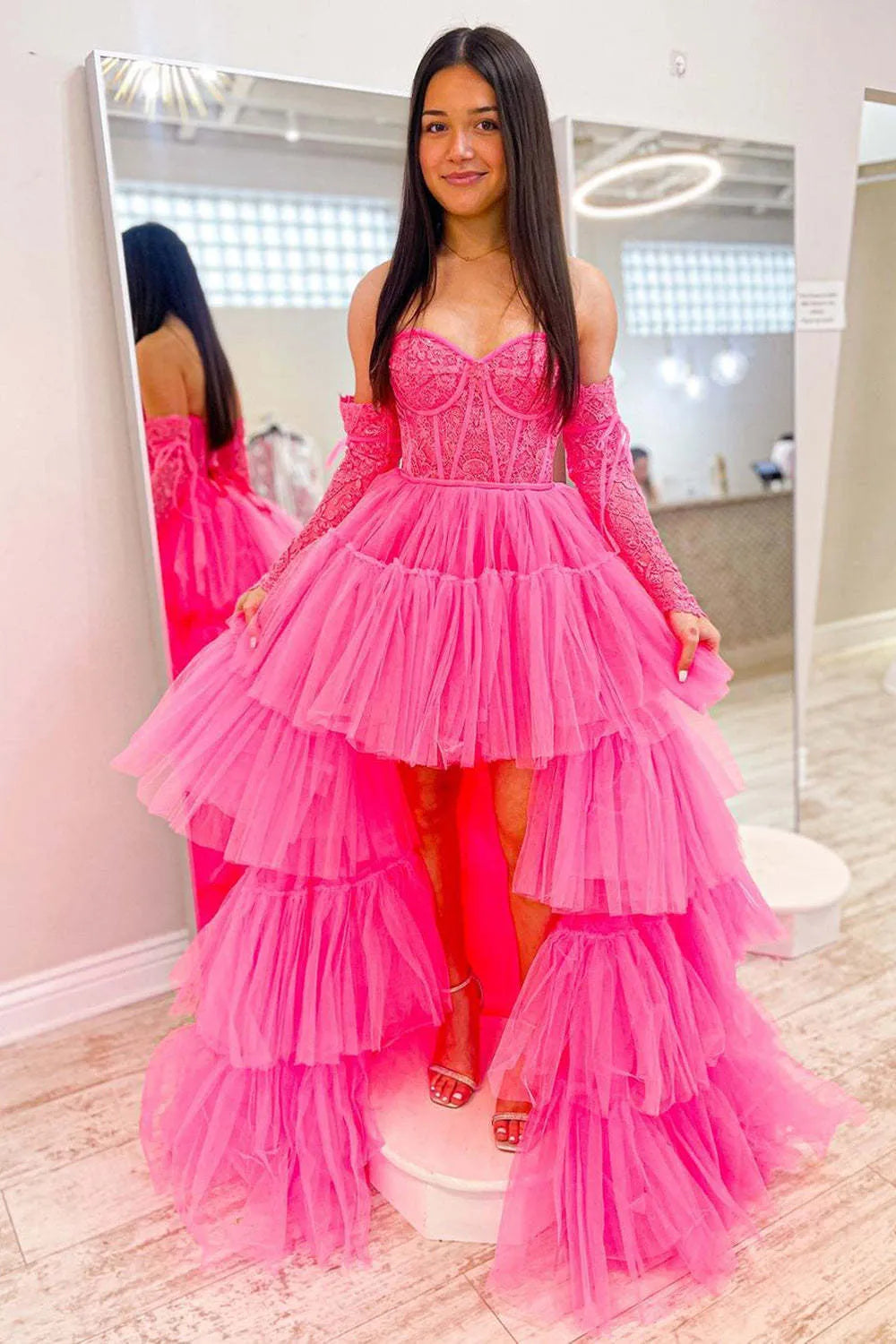 Fuchsia High Low Detachable Sleeves Corset Homecoming Dress with Lace LF157