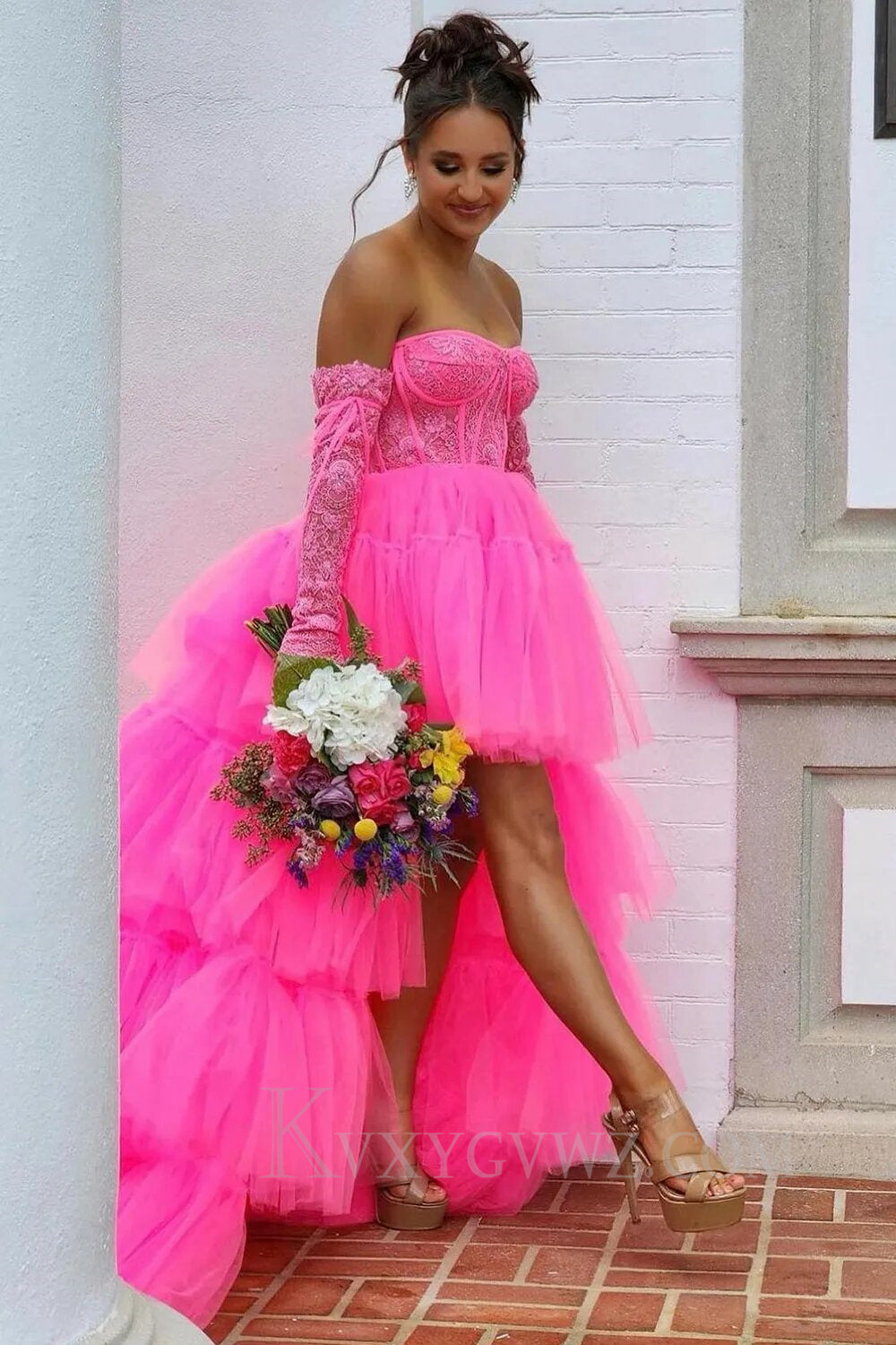 Fuchsia High Low Detachable Sleeves Corset Homecoming Dress with Lace LF157