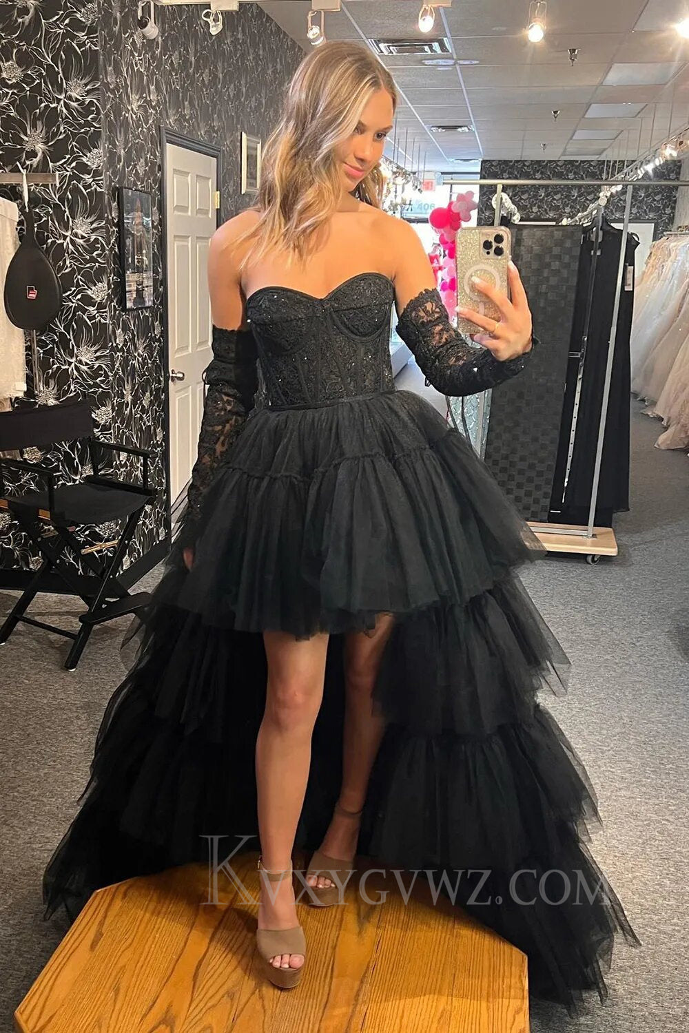 Fuchsia High Low Detachable Sleeves Corset Homecoming Dress with Lace LF157