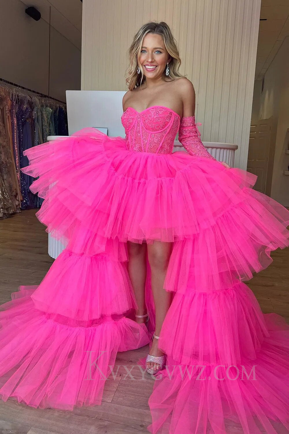 Fuchsia High Low Detachable Sleeves Corset Homecoming Dress with Lace LF157