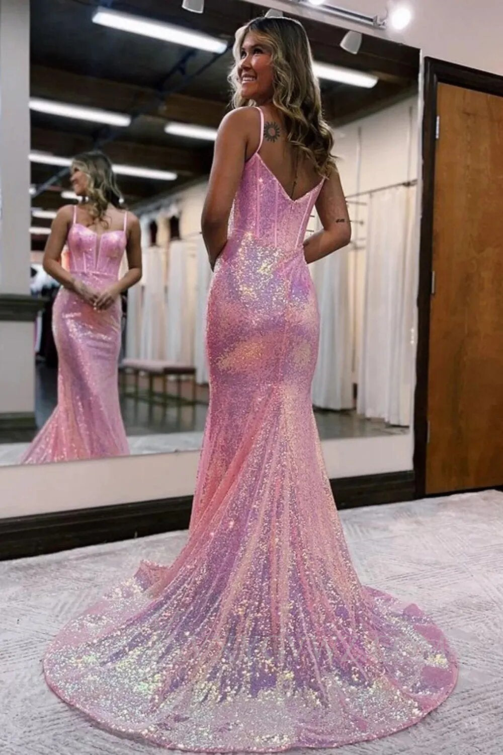 Sparkly Pink Sequin Long Mermaid Corset Prom Dress LF158