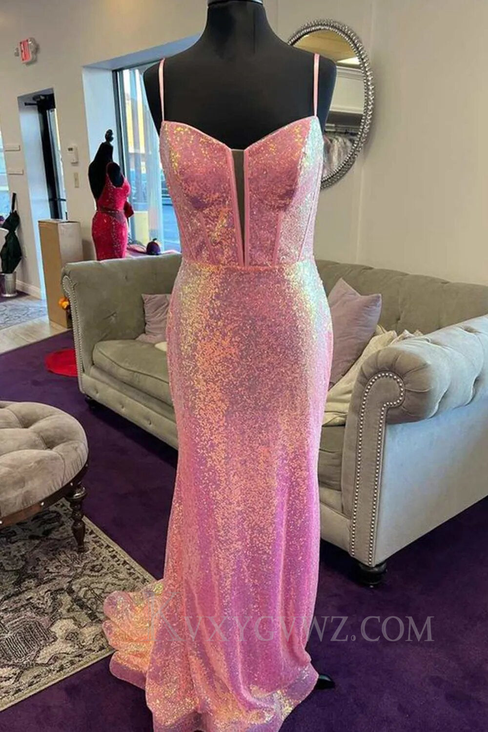 Sparkly Pink Sequin Long Mermaid Corset Prom Dress LF158
