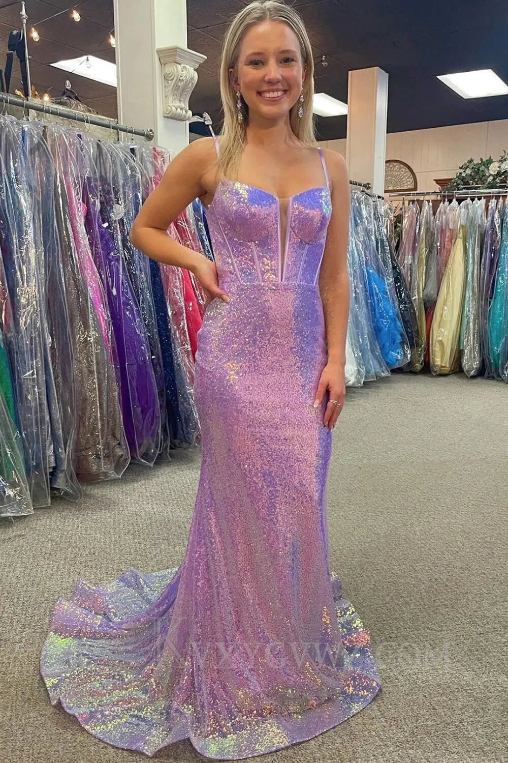 Sparkly Pink Sequin Long Mermaid Corset Prom Dress LF158