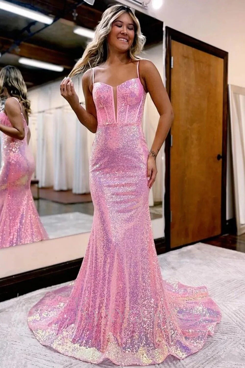 Sparkly Pink Sequin Long Mermaid Corset Prom Dress LF158