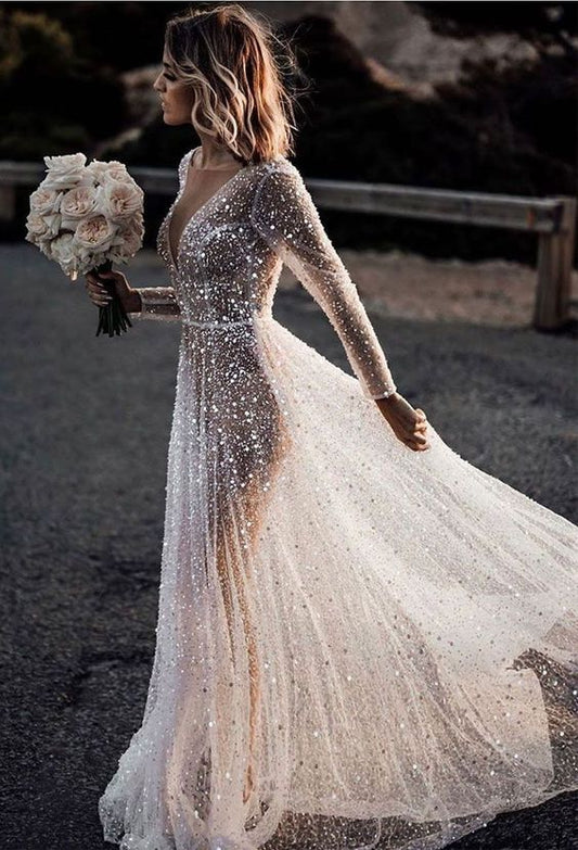 Sparkly A Line V Neck See-Through Sequins Wedding Dresses/Gowns with Long Sleeves HS22051601