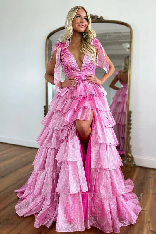 Glitter Hot Pink A Line V Neck Backless Long Tiered Prom Dress with Slit LF016