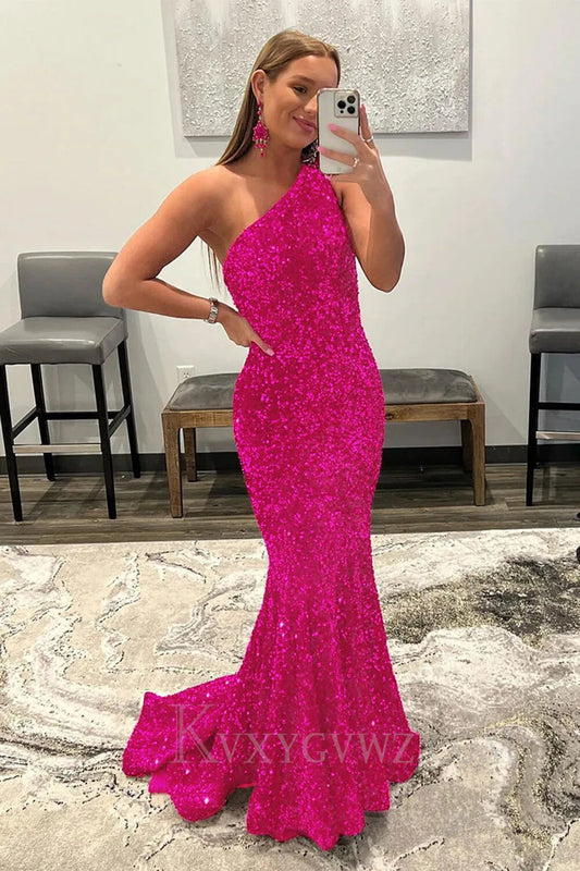 Coral Sequins One Shoulder Mermaid Sweep Train Long Prom Dress LF161
