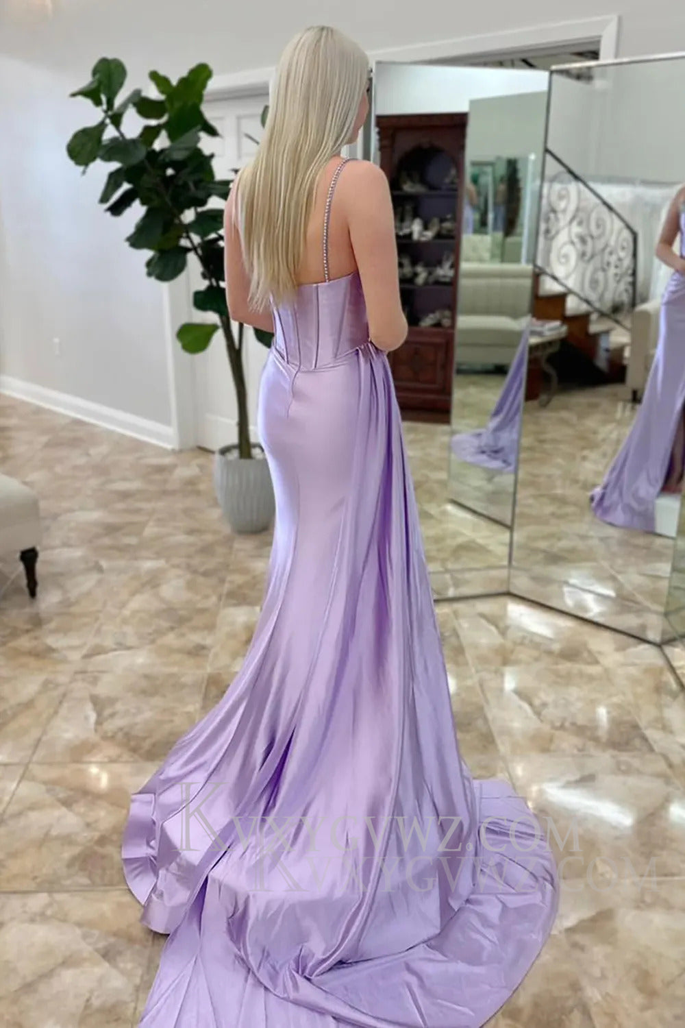 Sparkly Lilac Satin Corset Side Cape Long Prom Dress with Slit LF162