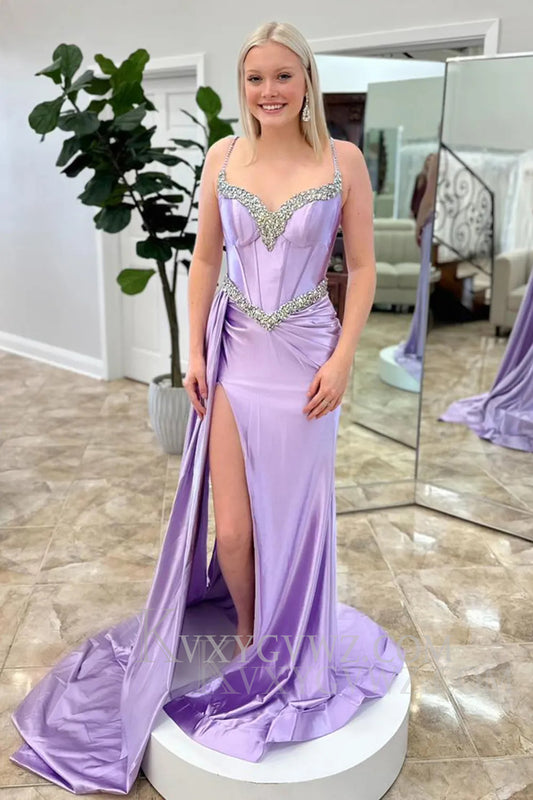 Sparkly Lilac Satin Corset Side Cape Long Prom Dress with Slit LF162