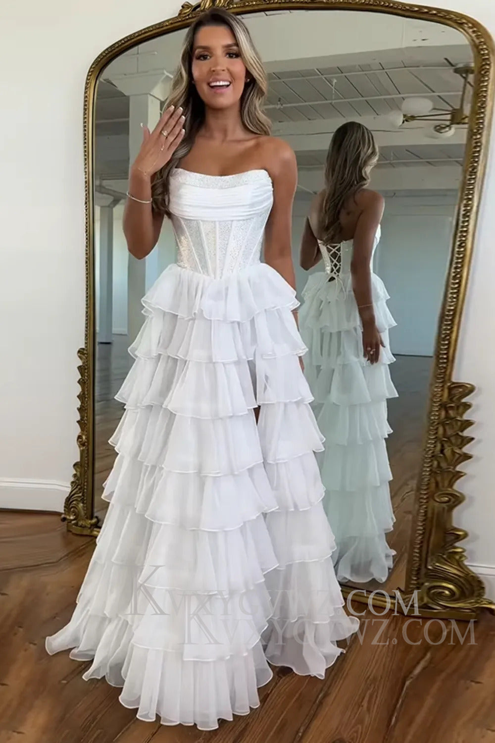 Sparkly Navy A Line Strapless Corset Long Chiffon Prom Dress LF164