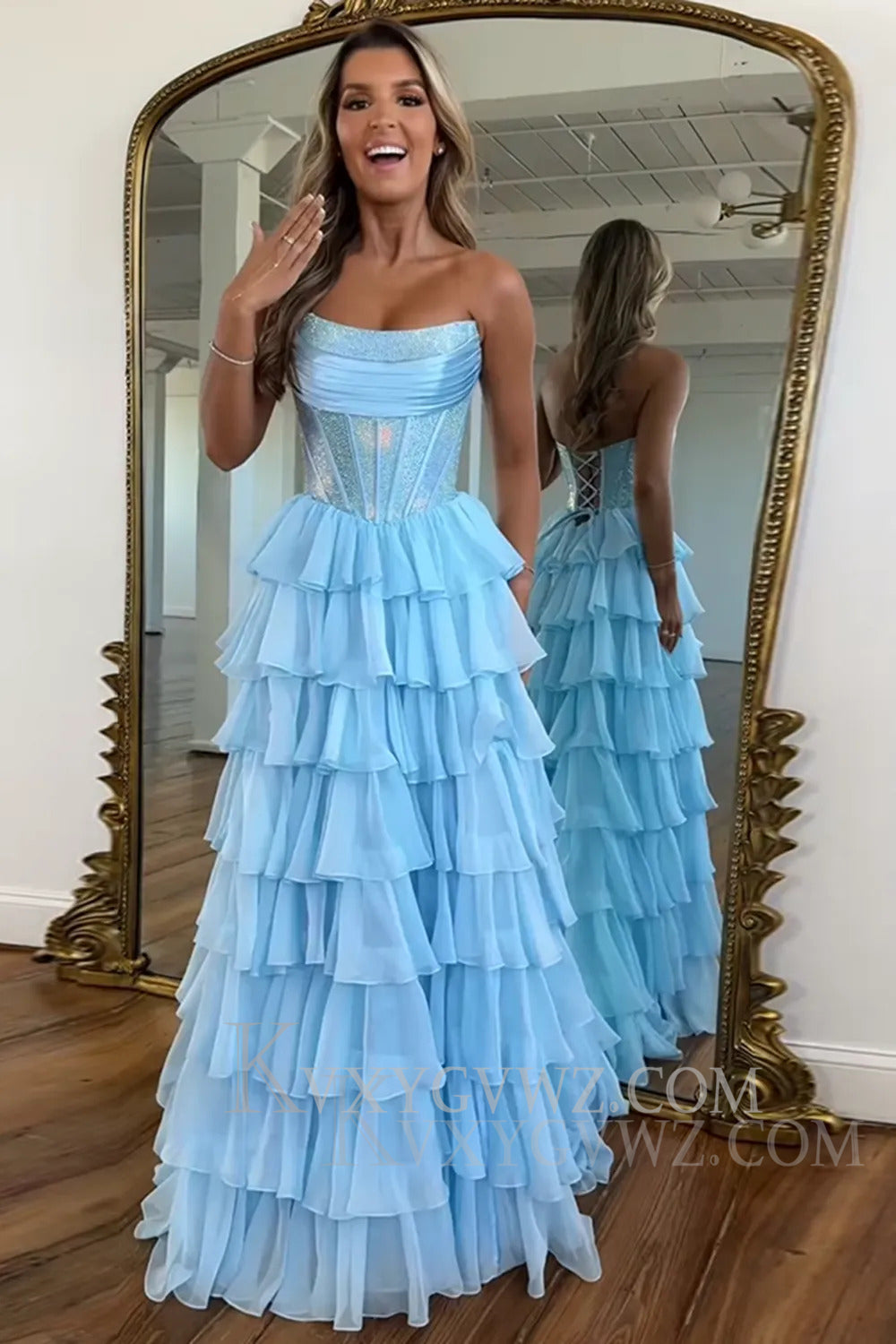 Sparkly Navy A Line Strapless Corset Long Chiffon Prom Dress LF164