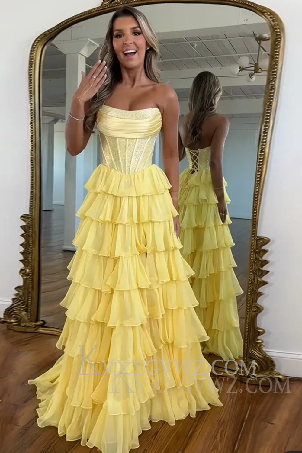 Sparkly Navy A Line Strapless Corset Long Chiffon Prom Dress LF164