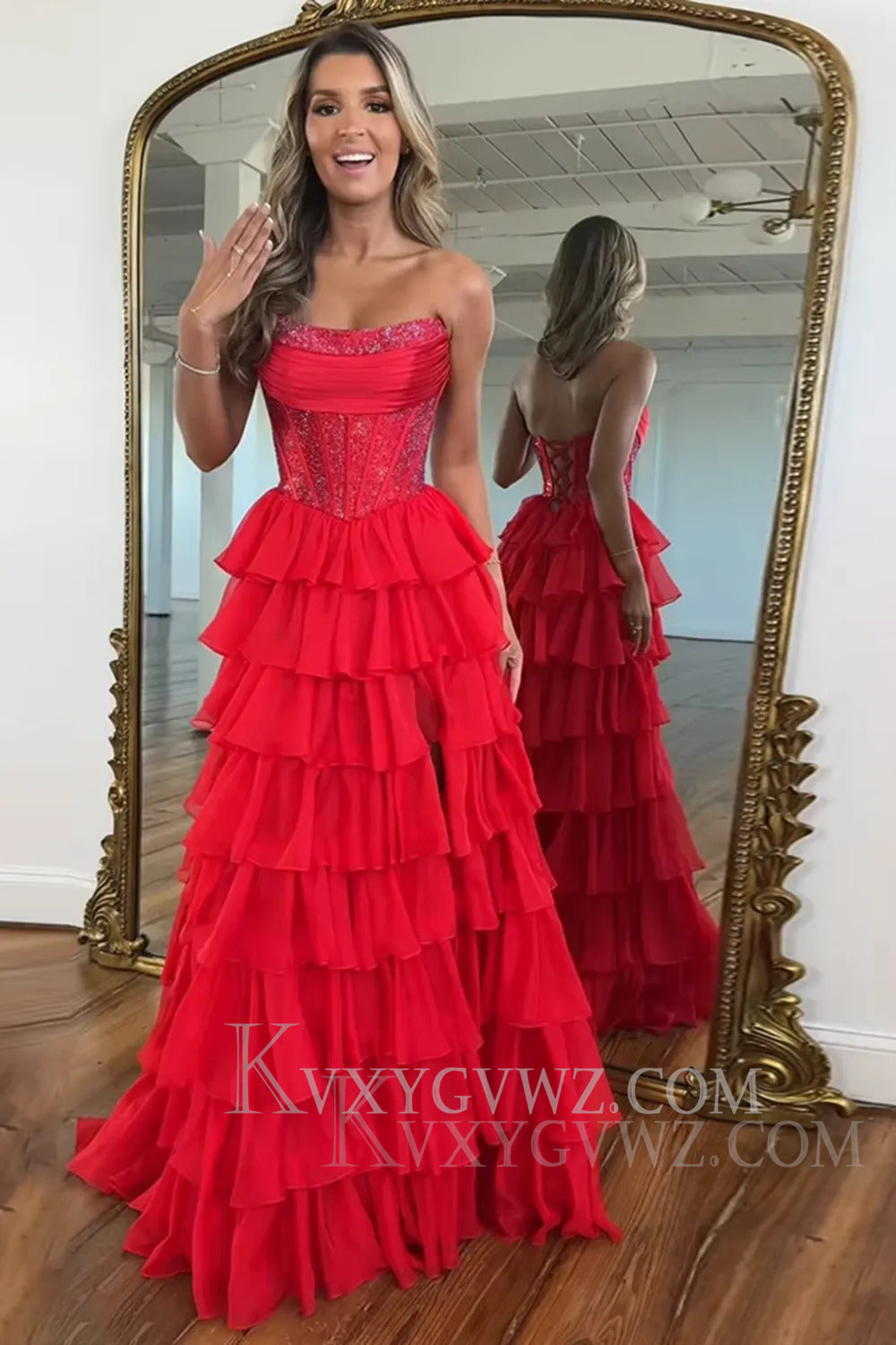 Sparkly Navy A Line Strapless Corset Long Chiffon Prom Dress LF164