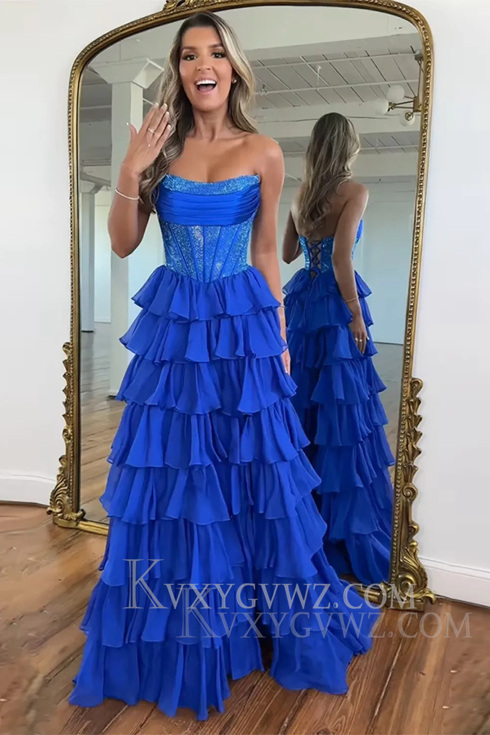 Sparkly Navy A Line Strapless Corset Long Chiffon Prom Dress LF164
