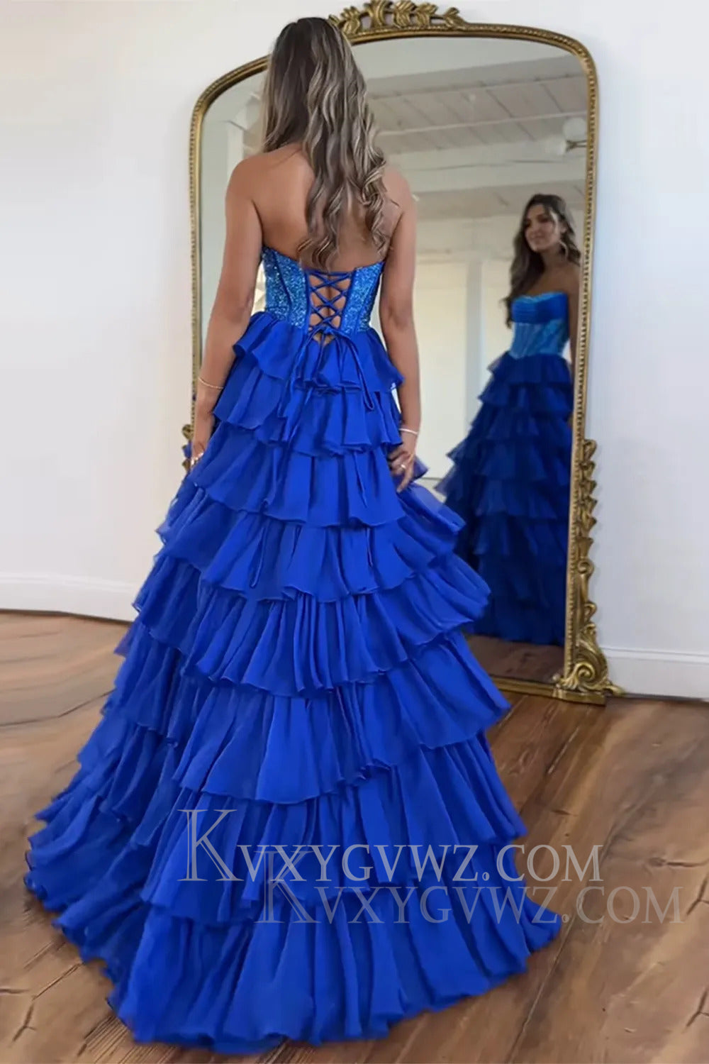 Sparkly Navy A Line Strapless Corset Long Chiffon Prom Dress LF164