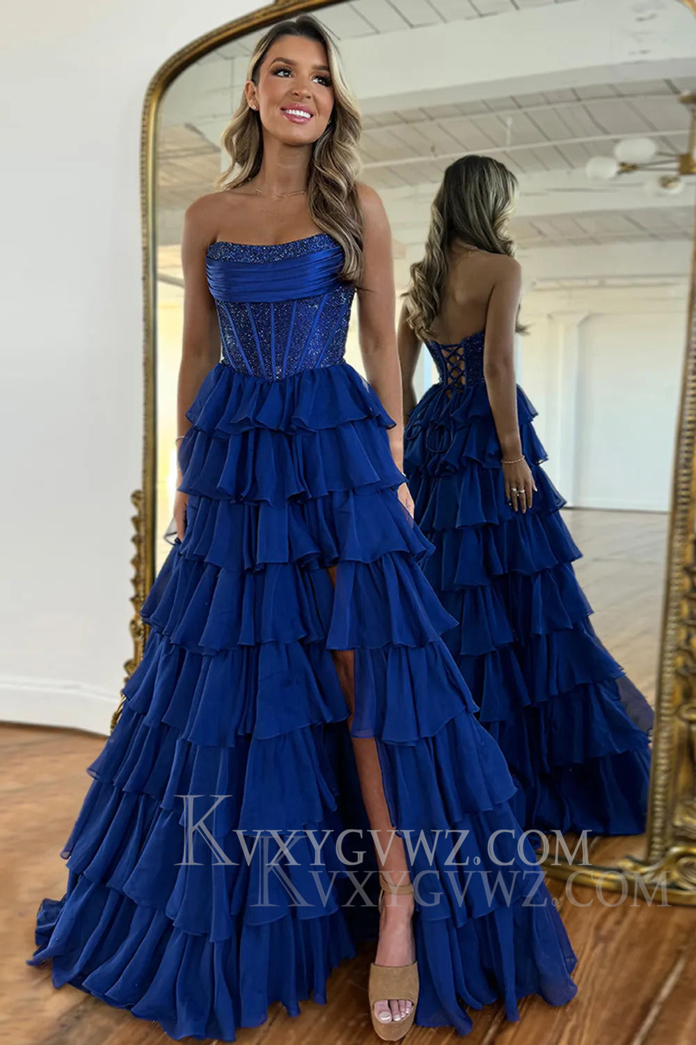 Sparkly Navy A Line Strapless Corset Long Chiffon Prom Dress LF164