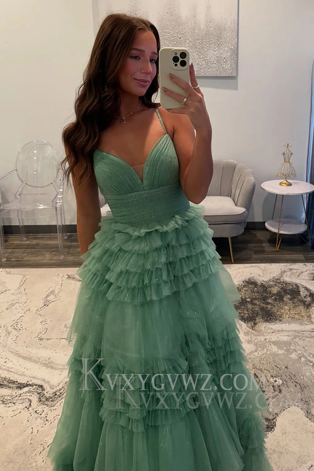 Sparkly Tulle Spaghetti Straps Sage Ruffled Long Prom Dress LF166