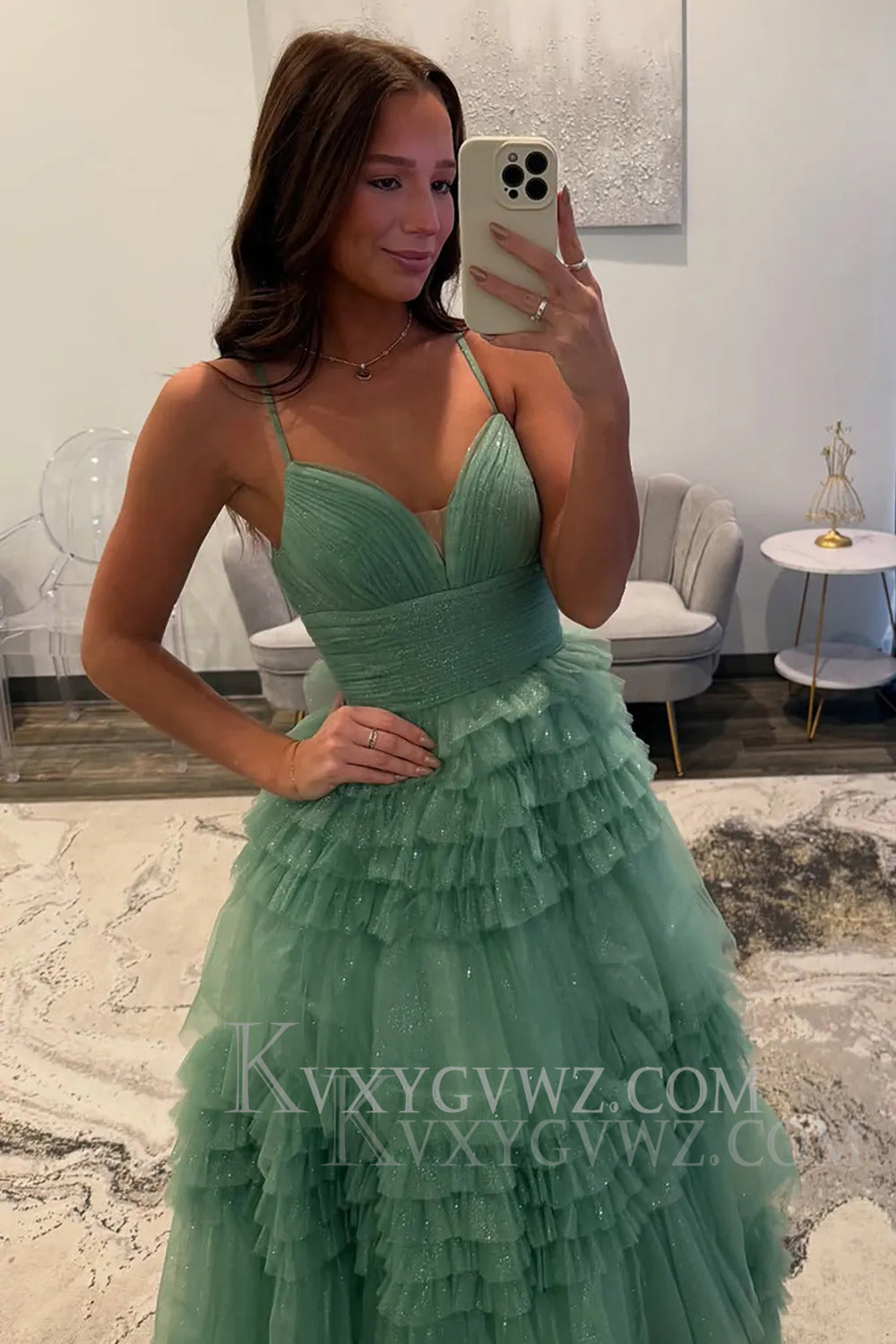Sparkly Tulle Spaghetti Straps Sage Ruffled Long Prom Dress LF166