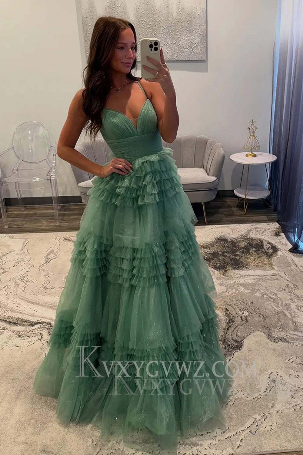 Sparkly Tulle Spaghetti Straps Sage Ruffled Long Prom Dress LF166