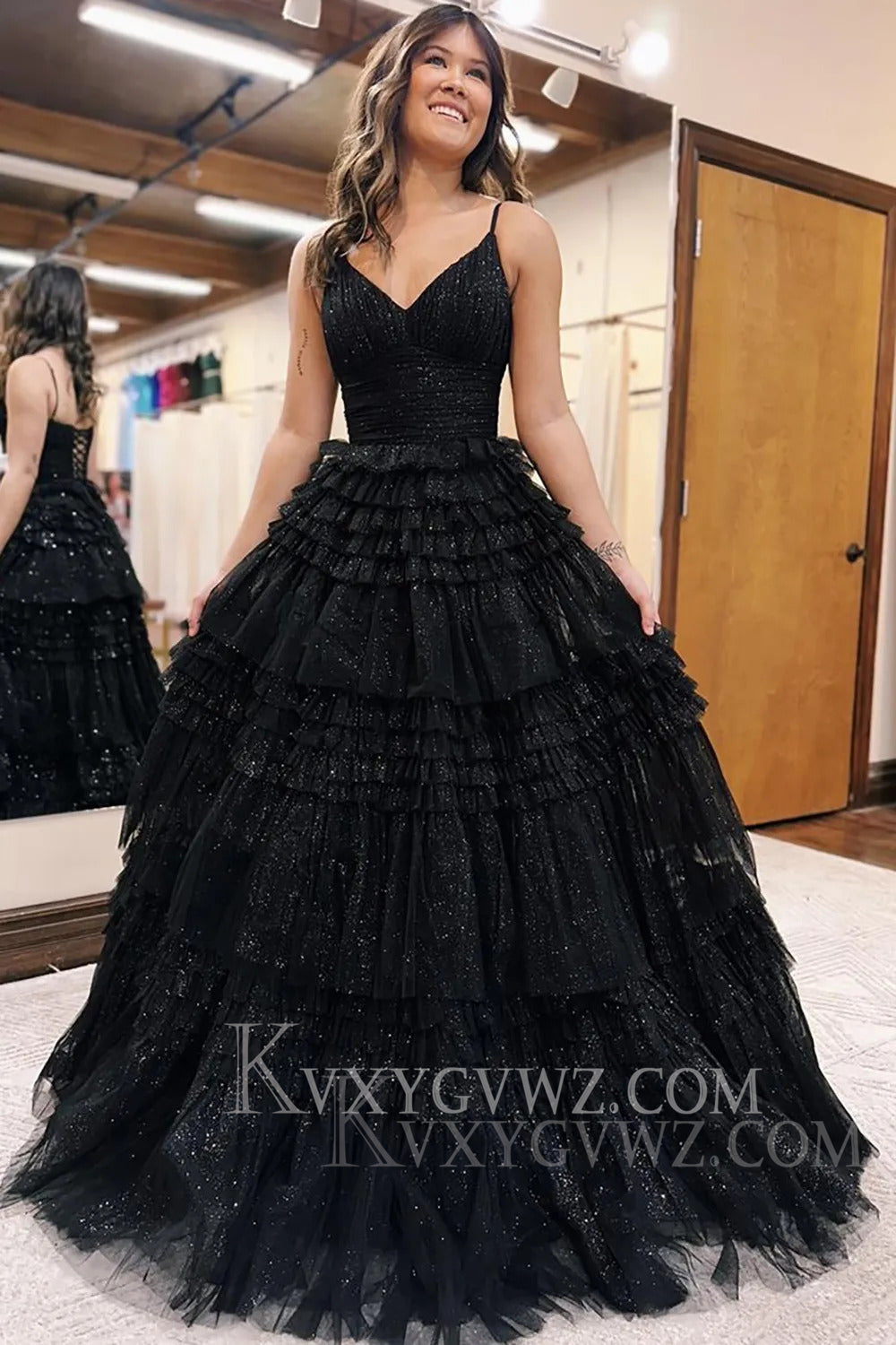 Sparkly Tulle Spaghetti Straps Sage Ruffled Long Prom Dress LF166