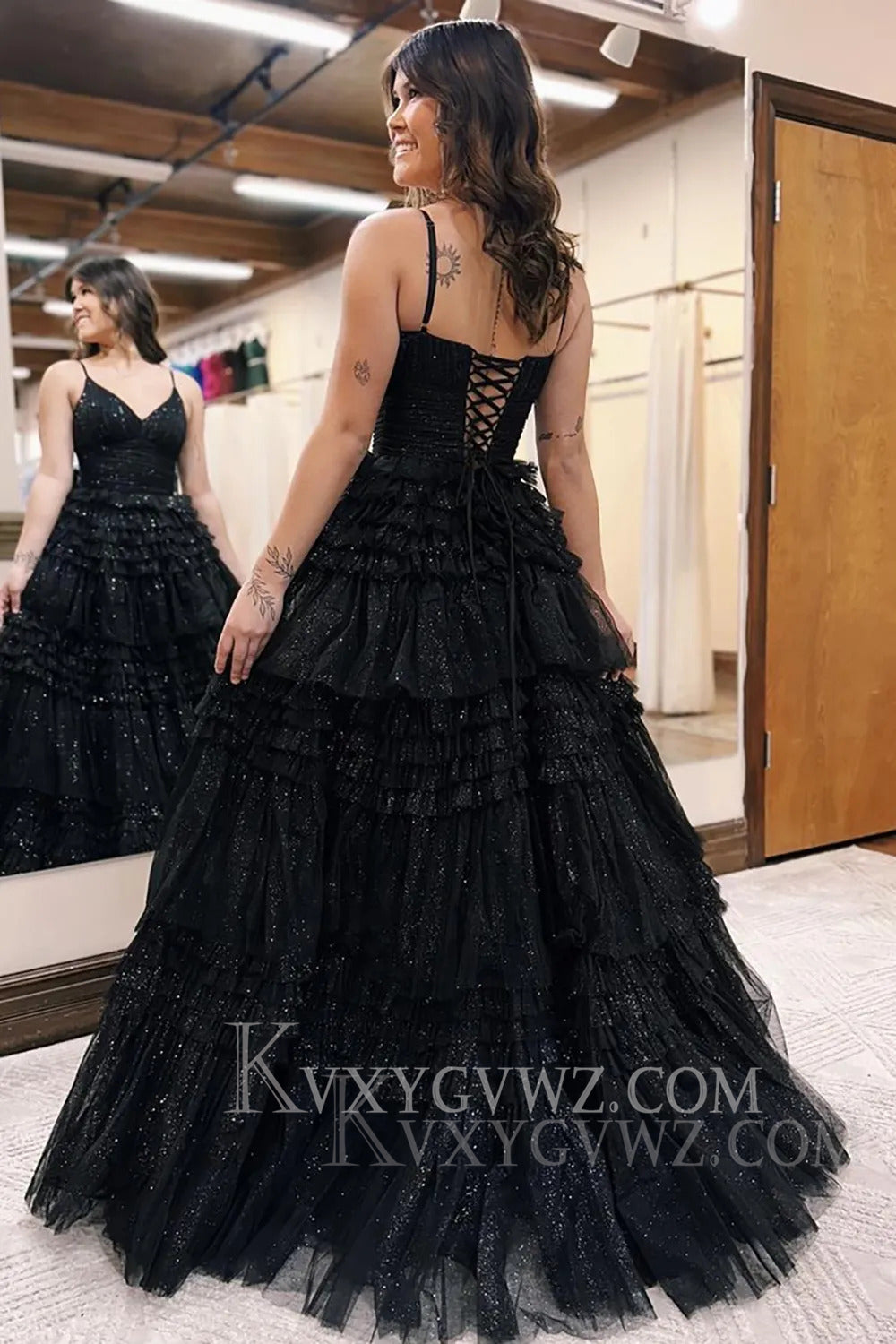 Sparkly Tulle Spaghetti Straps Sage Ruffled Long Prom Dress LF166