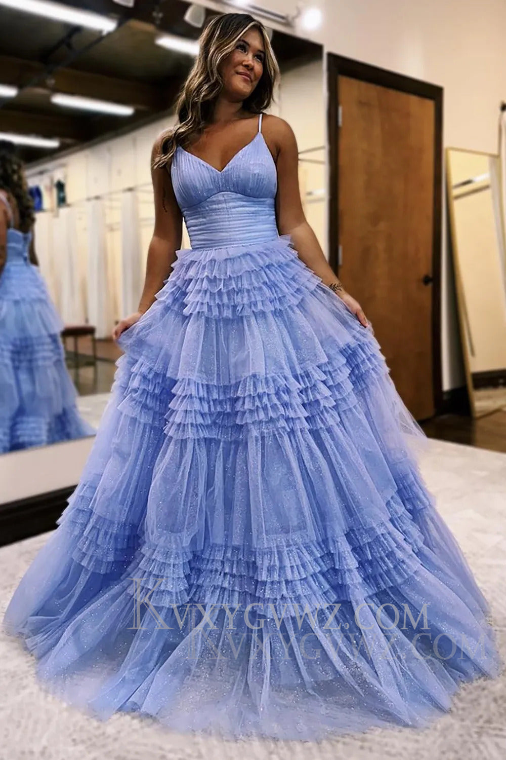 Sparkly Tulle Spaghetti Straps Sage Ruffled Long Prom Dress LF166