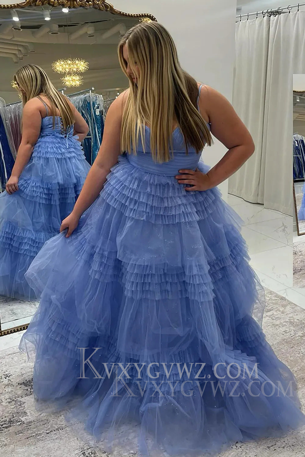 Sparkly Tulle Spaghetti Straps Sage Ruffled Long Prom Dress LF166