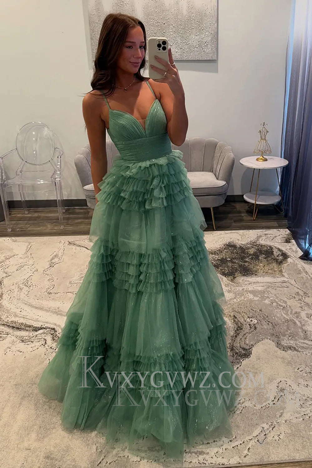 Sparkly Tulle Spaghetti Straps Sage Ruffled Long Prom Dress LF166