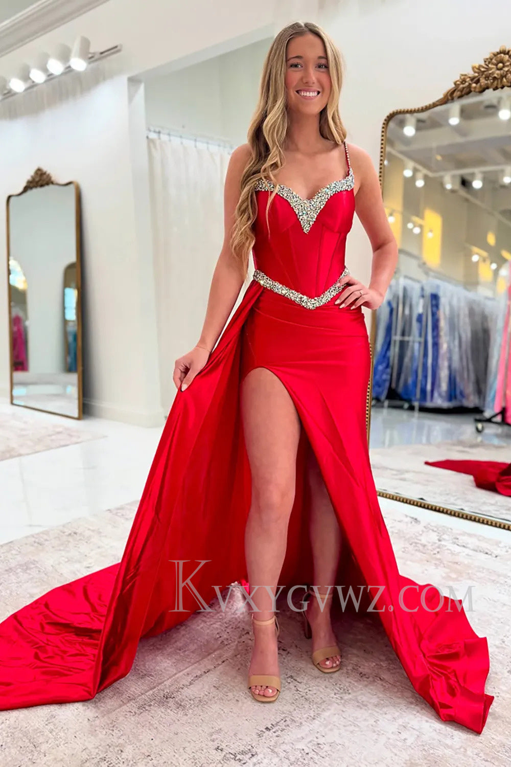 Sparkly Red Corset Beaded Long Prom Dress with Slit LF167