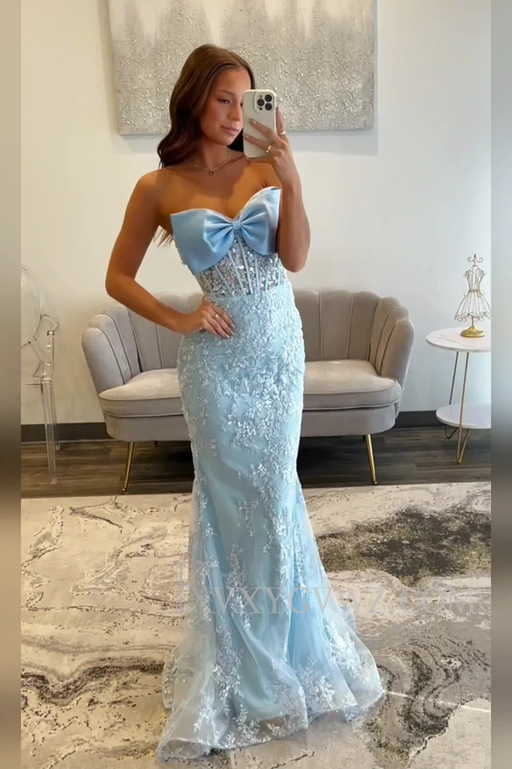 Floral Mermaid Sky Blue Strapless Long Prom Dress with Bow LF168