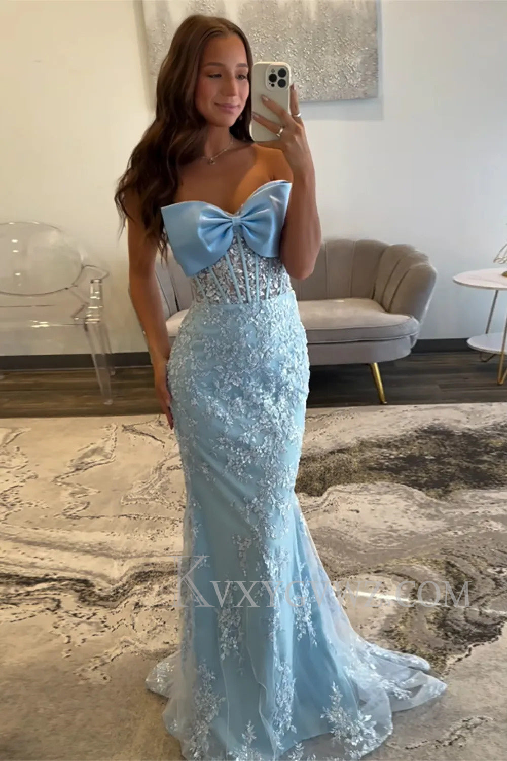 Floral Mermaid Sky Blue Strapless Long Prom Dress with Bow LF168