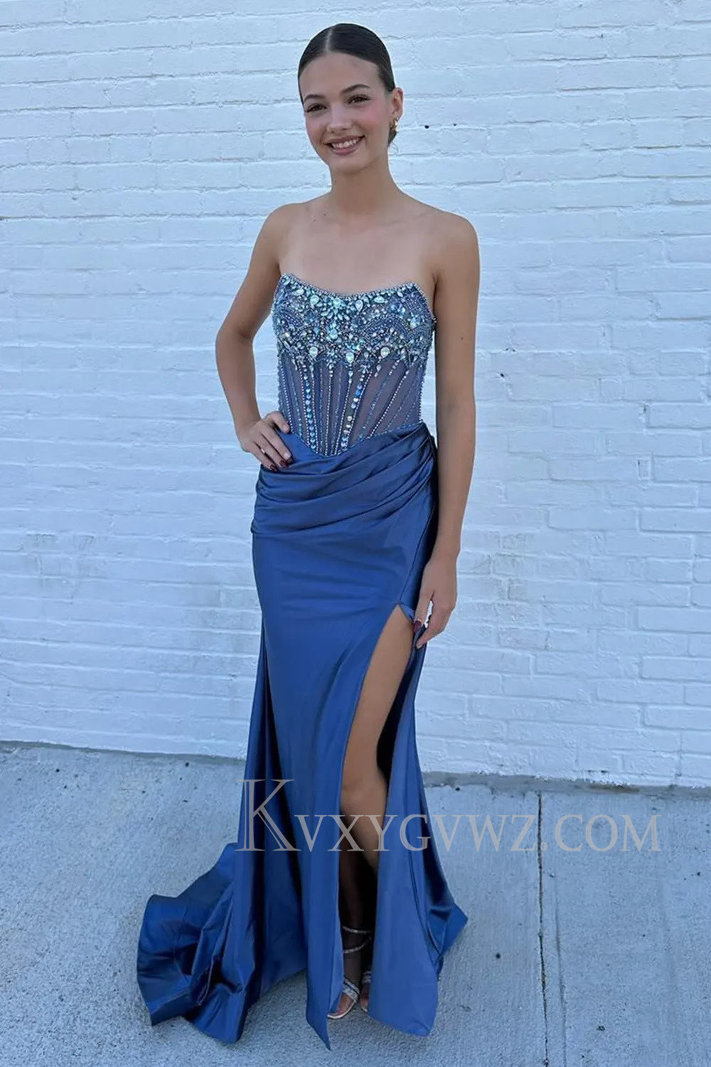Sparkly Grey Blue Strapless Corset Long Prom Dress with Slit LF169