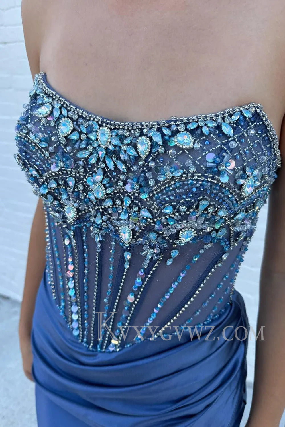 Sparkly Grey Blue Strapless Corset Long Prom Dress with Slit LF169