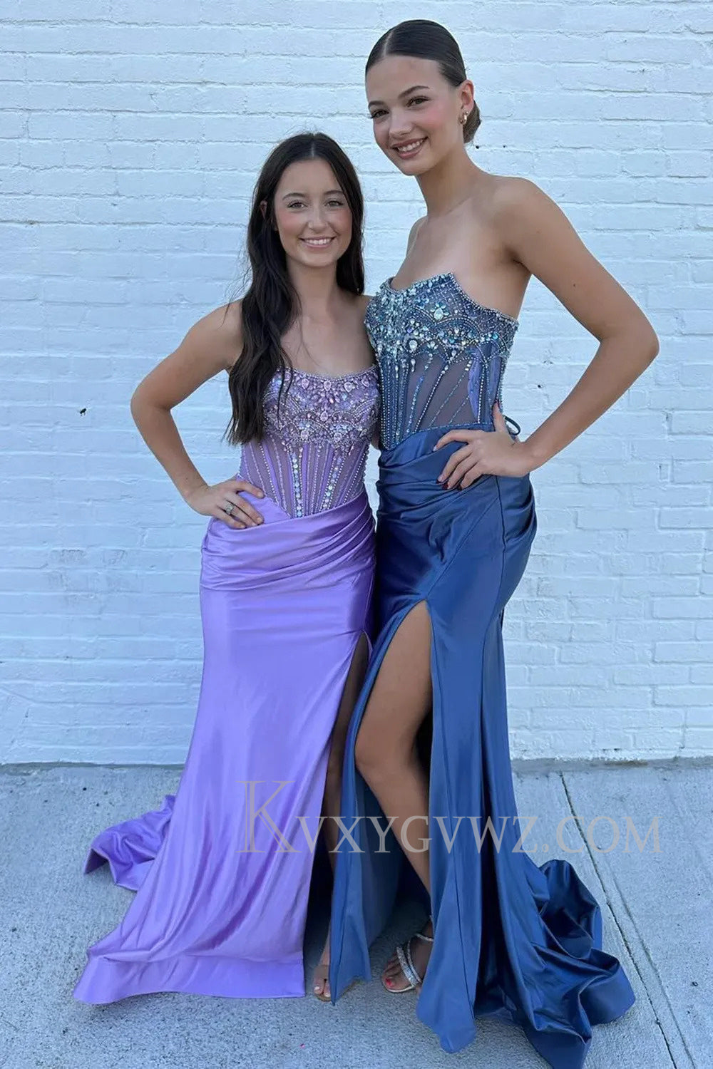 Sparkly Grey Blue Strapless Corset Long Prom Dress with Slit LF169