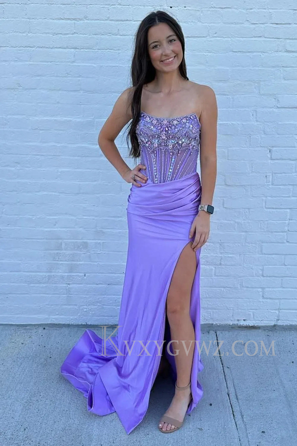 Sparkly Grey Blue Strapless Corset Long Prom Dress with Slit LF169